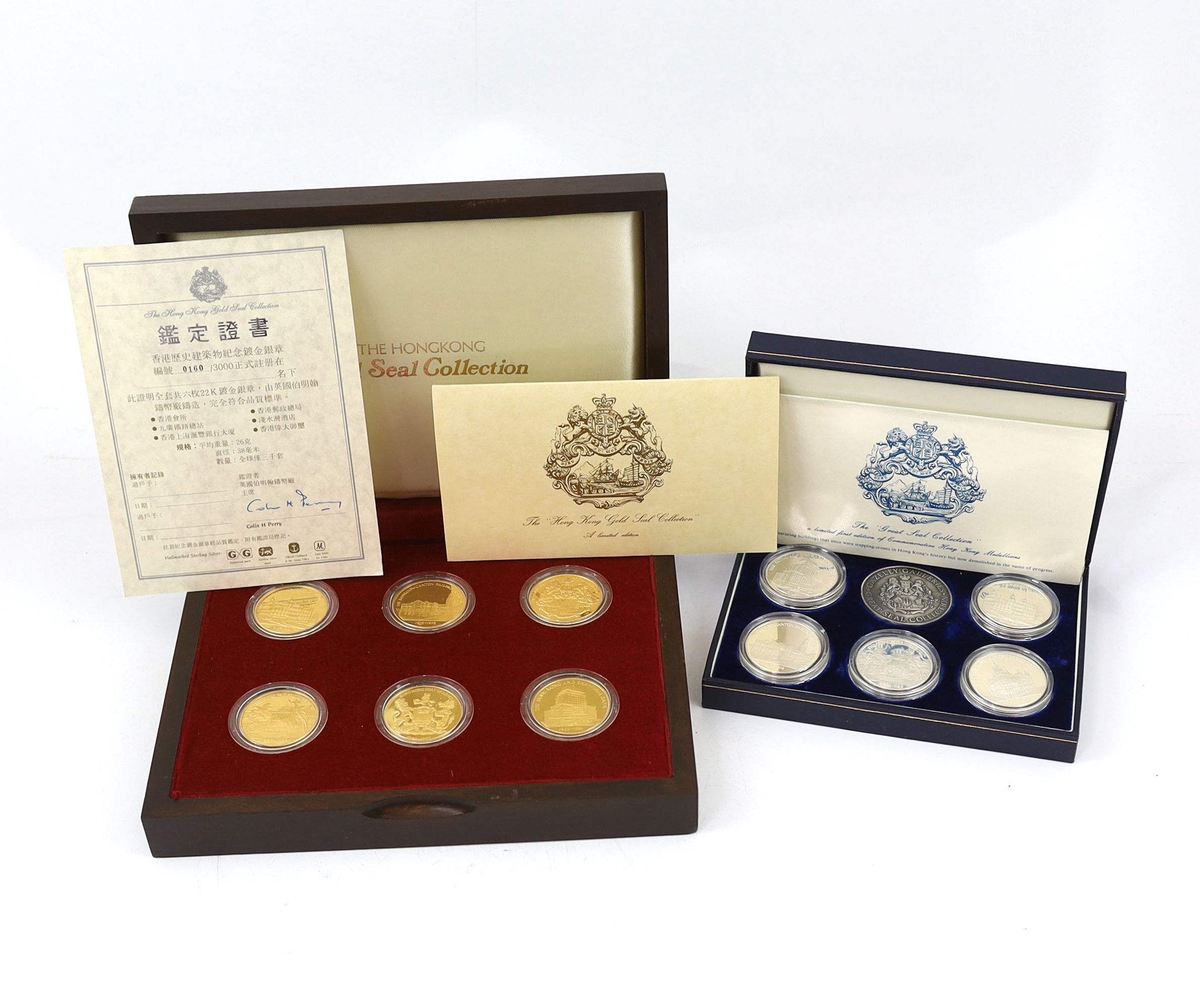 Hong Kong medals, the Gold Seal collection of six silver-gilt medals, and the Great Seal collection of five proof silver medals, produced by Gazeley Galleries